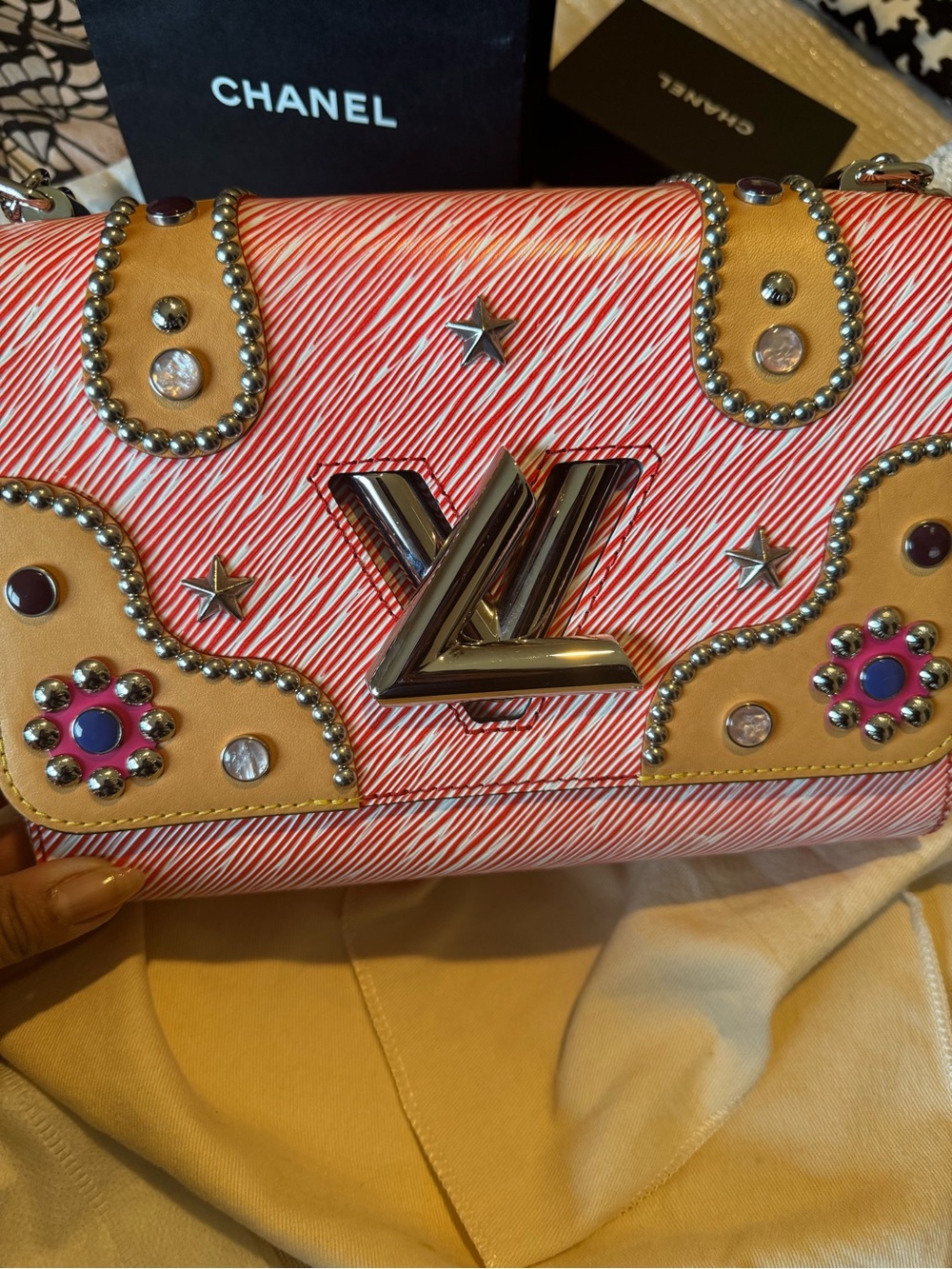 Louis Vuitton Pink and Tan Studded Epi Stripe Shoulder Bag